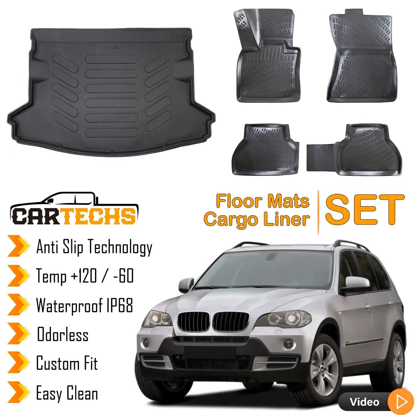 Floor Mats + Cargo Trunk Liner Fits BMW X5 E70 2007-2013 Waterproof Black 5x SET