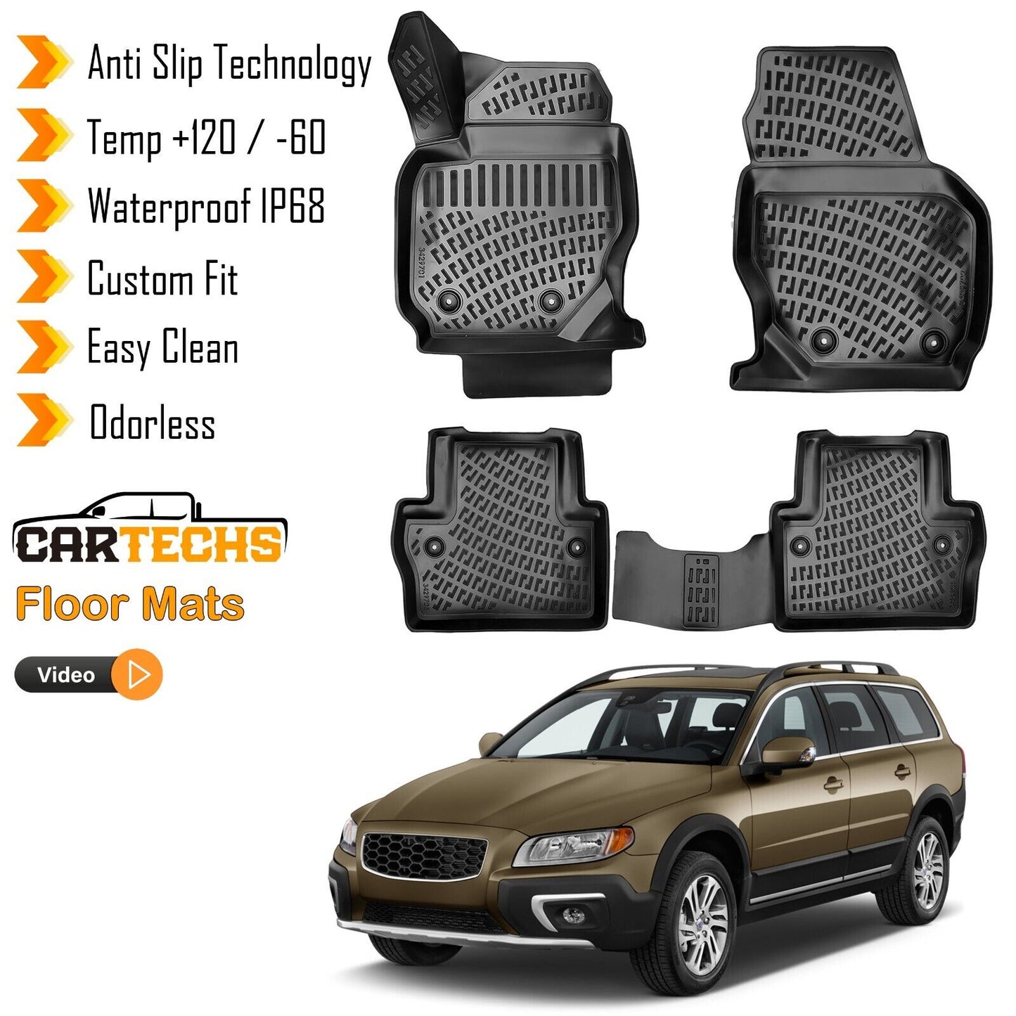 Floor Mats Liner For Volvo XC70 2008-2016 3D Molded Waterproof All Weather Black