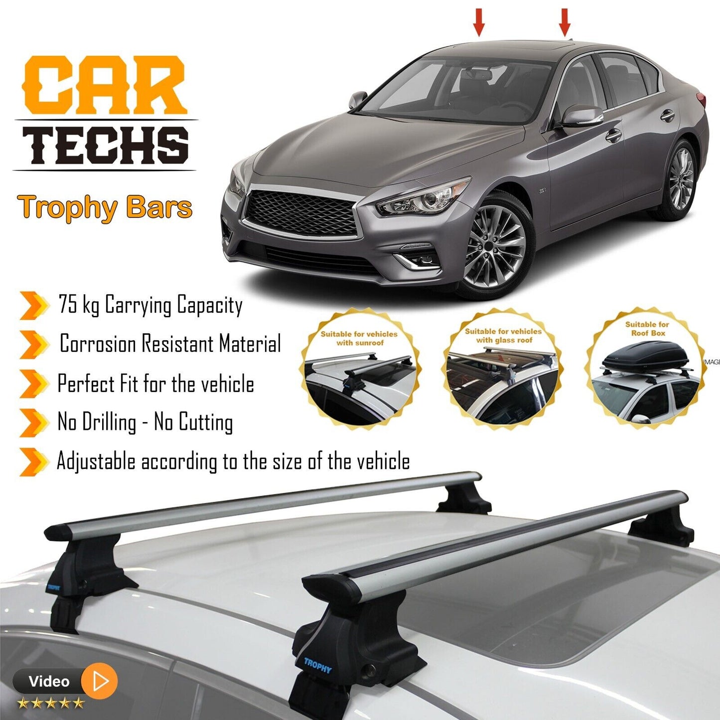 Fits Infiniti Q50 2014-2023 Smooth Top Roof Rack Cross Bar Carrier Rail