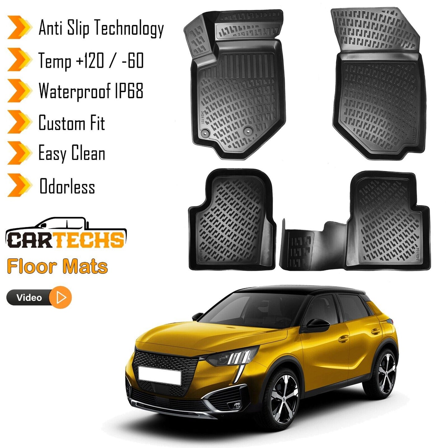 Floor Mats Liner Fits Peugeot 2008 2020-2024 Waterproof 3D Molded All Weather 4x