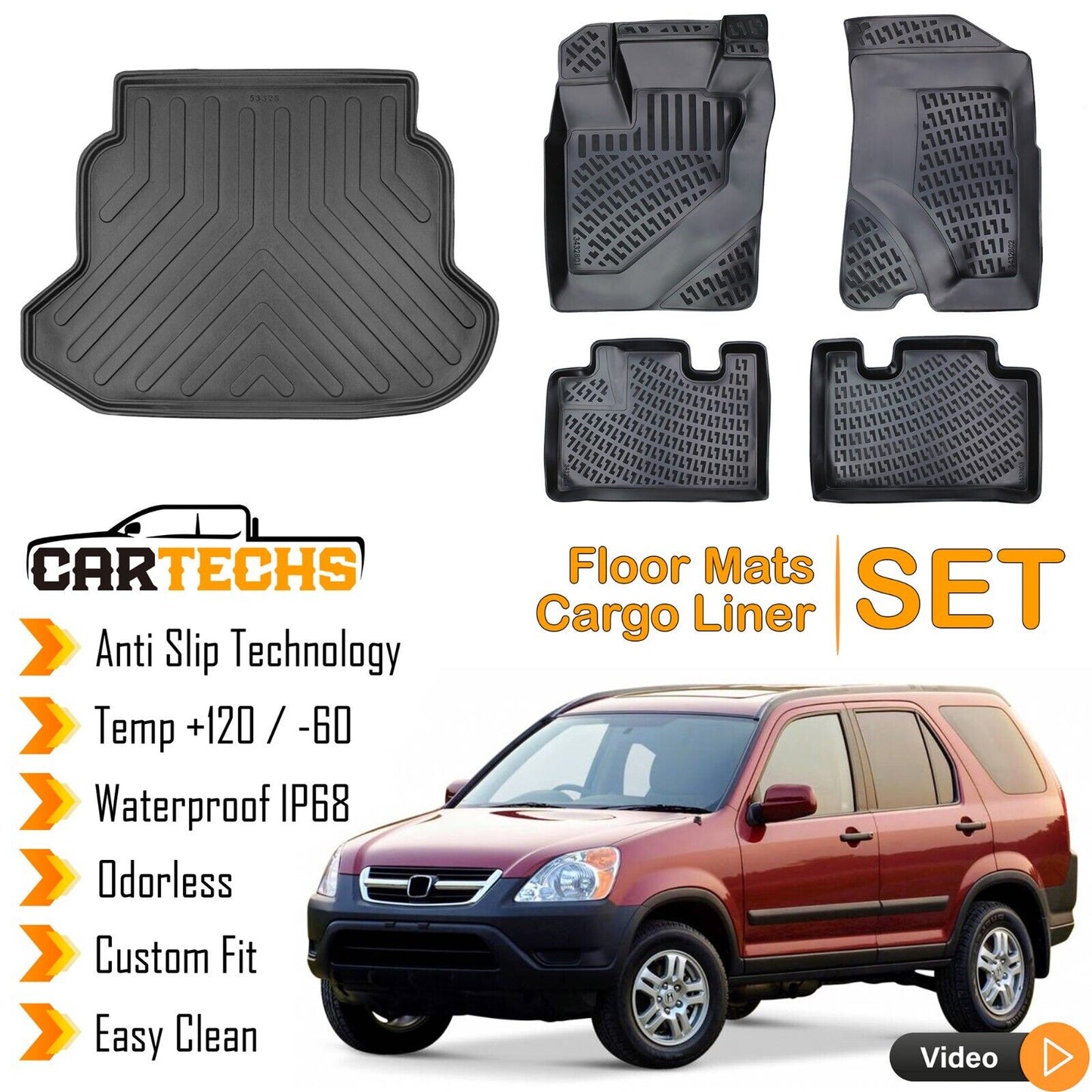Floor Mats + Cargo Trunk Liner Fits Honda CR-V 2002-2006 3D Molded Black SET