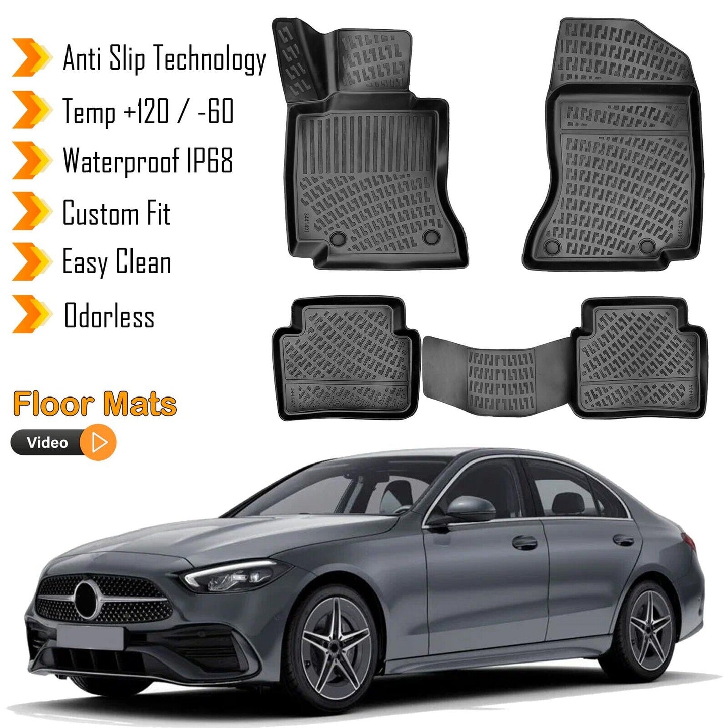 Floor Mats Liner Fits Mercedes C-Class W206 2022-2024 Waterproof 3D Molded Black