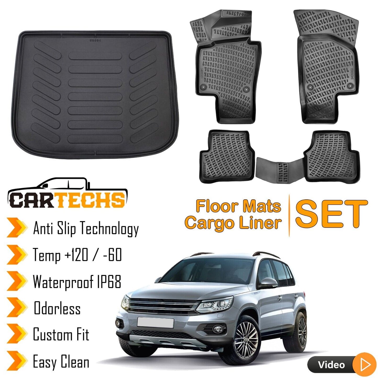 Floor Mats+Cargo Trunk Liner For Volkswagen Tiguan 2009-2016 3D Molded Black SET