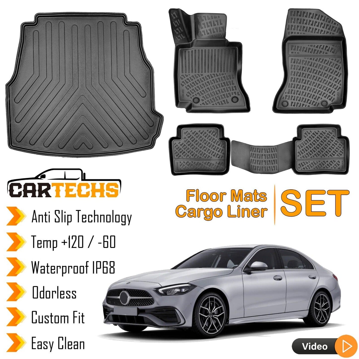 Floor Mats + Cargo Trunk Liner For Mercedes C-Class W206 2021-2024 3D Molded SET