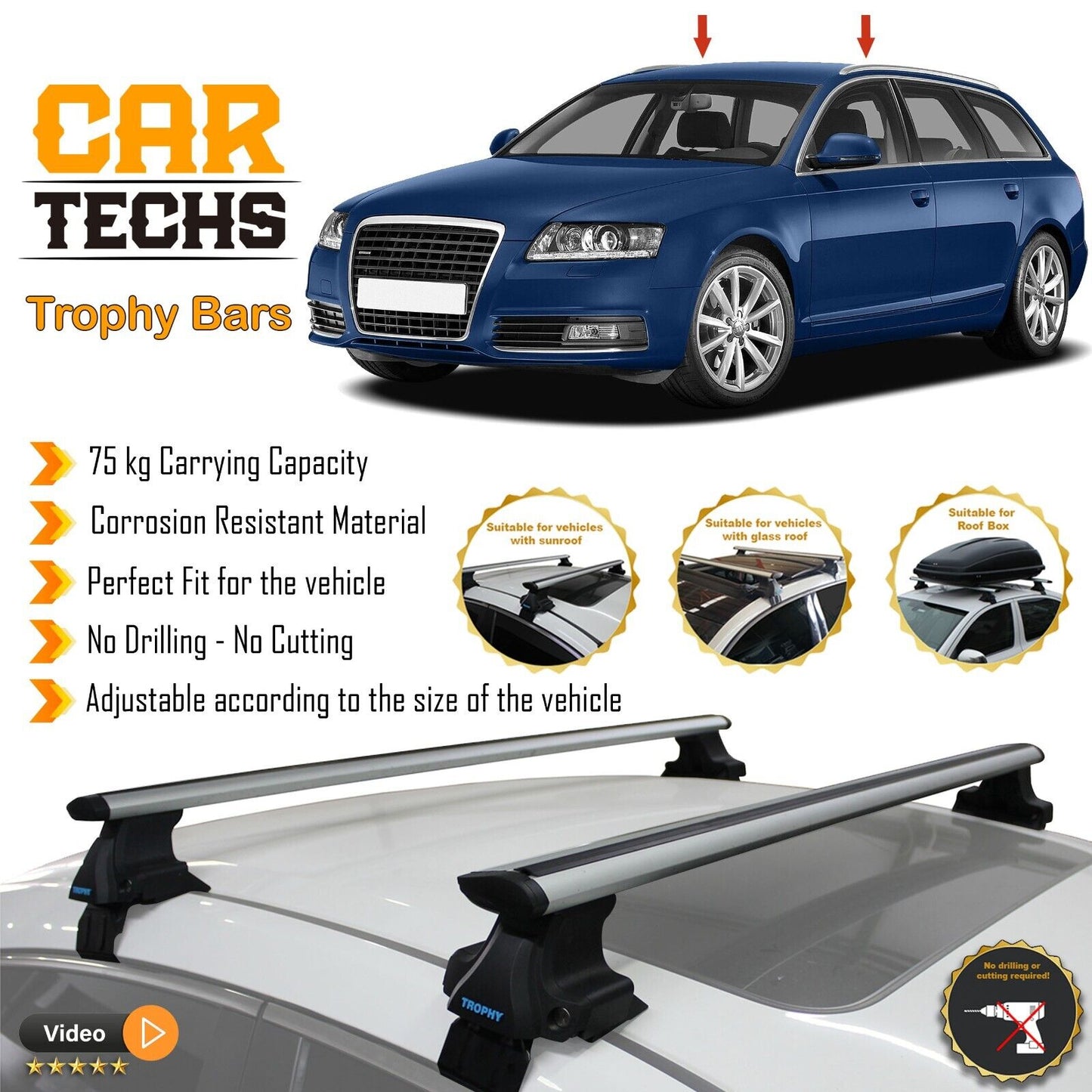 Fits Audi A3 2005-2024 Smooth Top Roof Rack Cross Bar Carrier Rail Trophybars