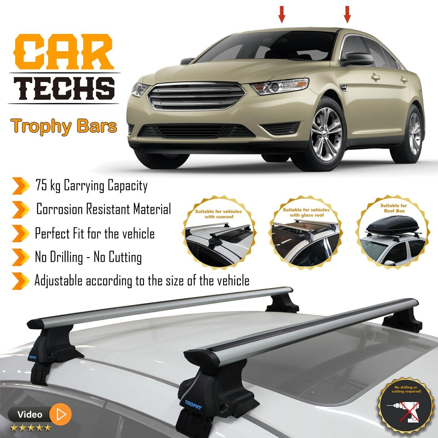 Fits Ford Taurus 2000-2019 Smooth Top Roof Rack Cross Bar Carrier Rail