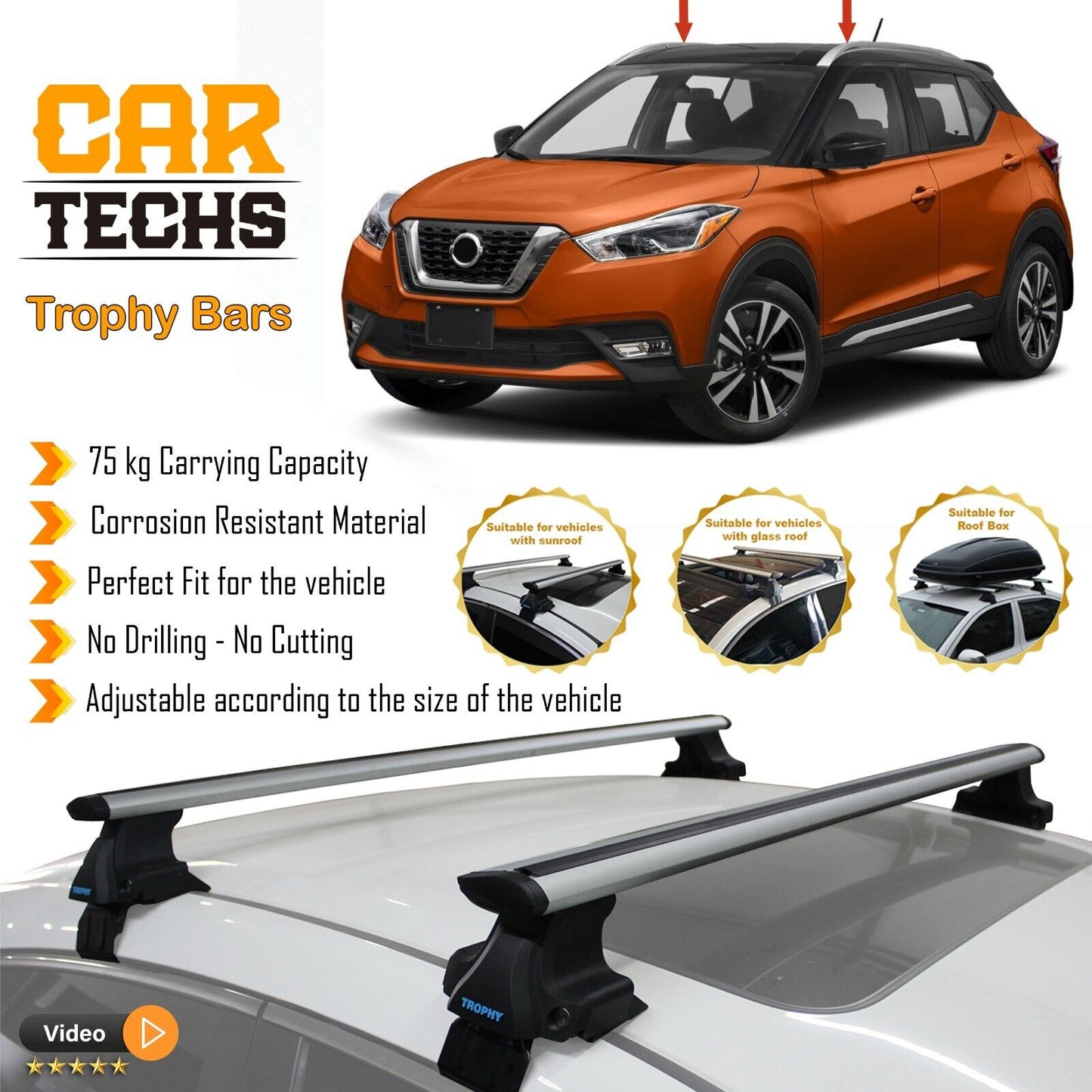 Fits Nissan Kicks 2017-2024 Smooth Top Roof Rack Cross Bar Carrier Rail