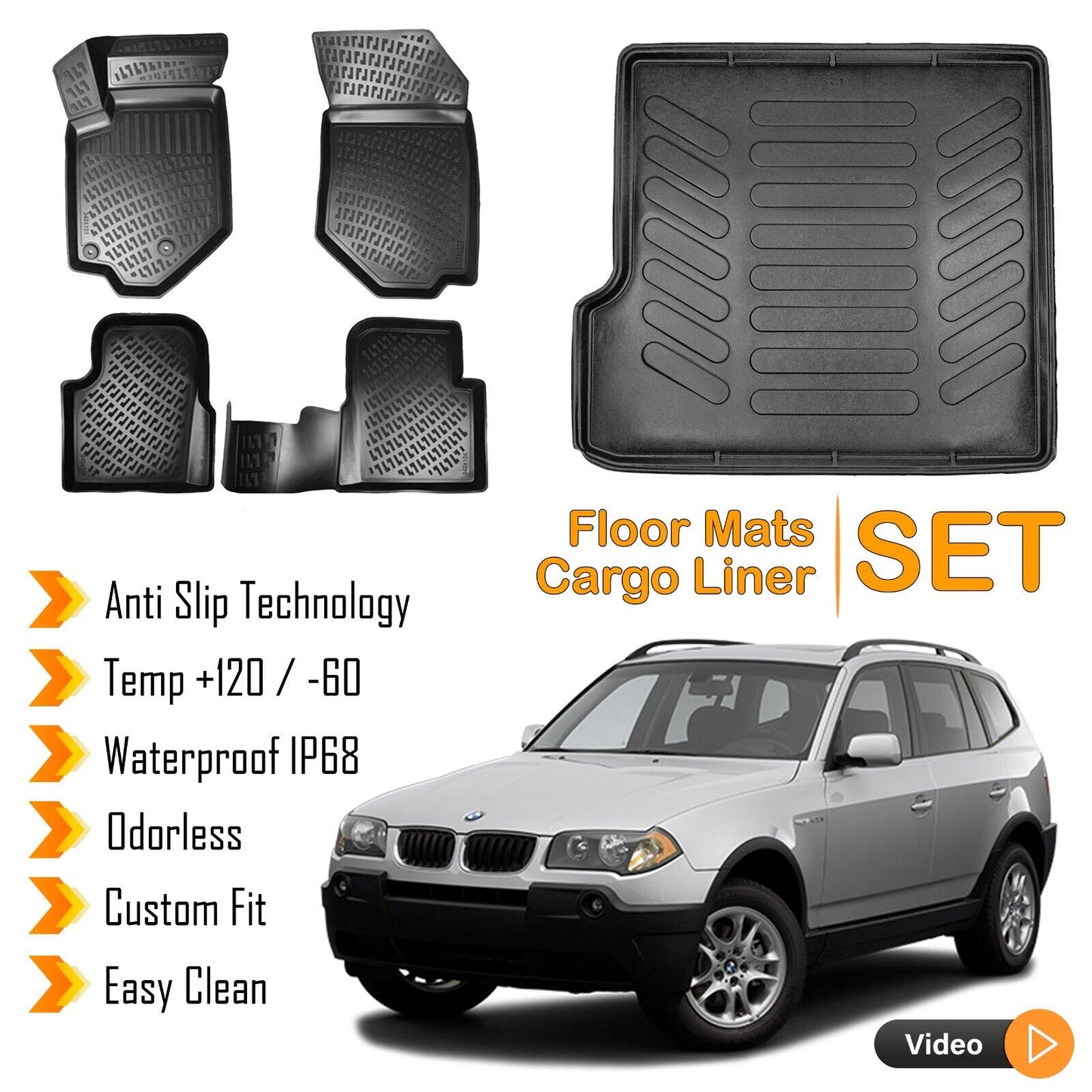 Floor Mats + Cargo Trunk Liner Fits BMW X3 2003-2010 (E83) Waterproof Black SET