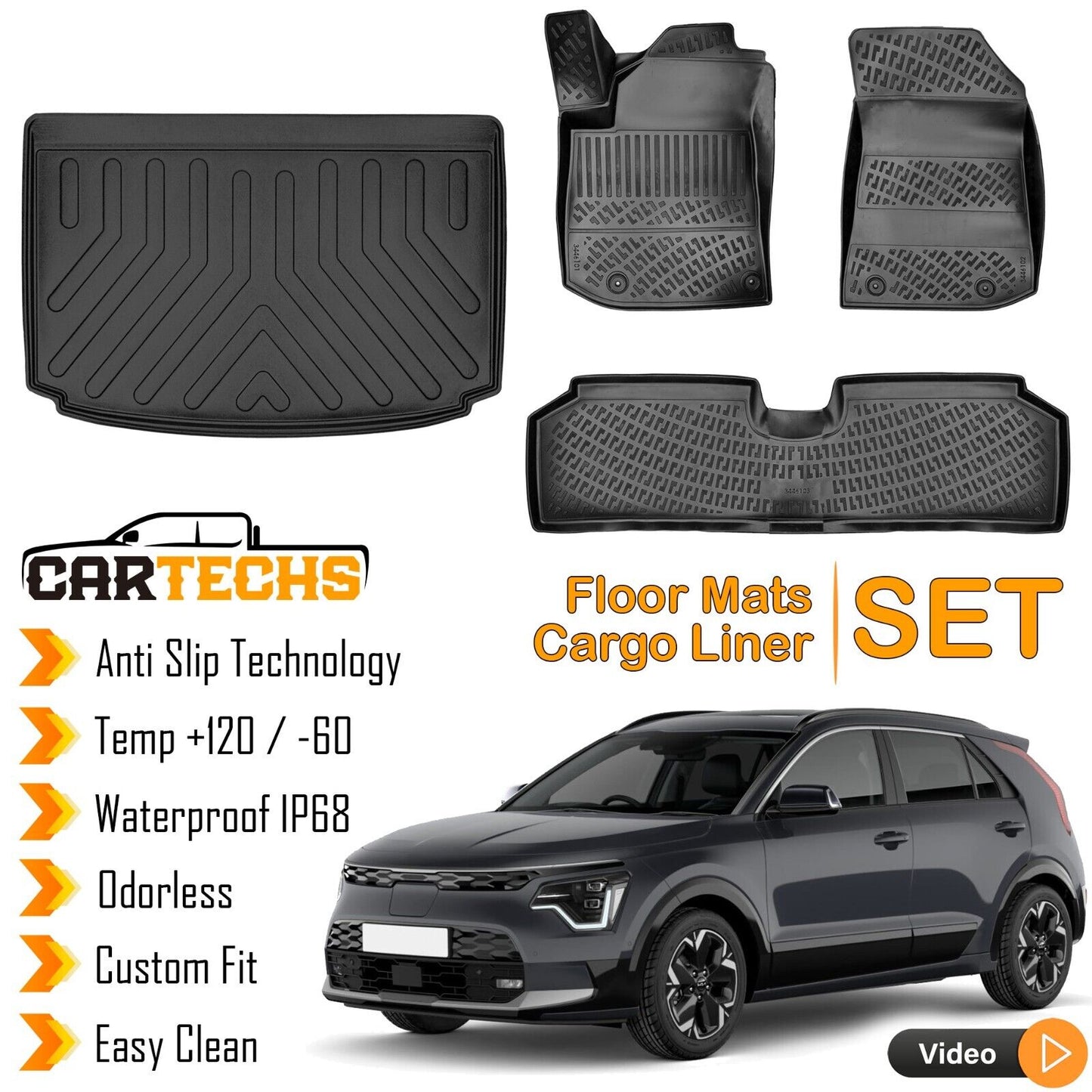 Floor Mats + LOWER Cargo Trunk Liner For Kia Niro EV 2022-2024 3D Waterproof SET